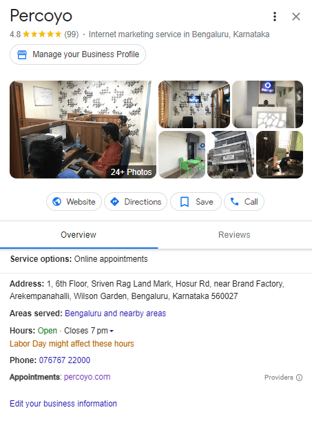 Percoyo Local Listing on Google Search